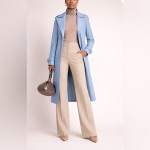 Victoria Beckham Light Blue Trench Coat with Cream Wide-Leg Trousers